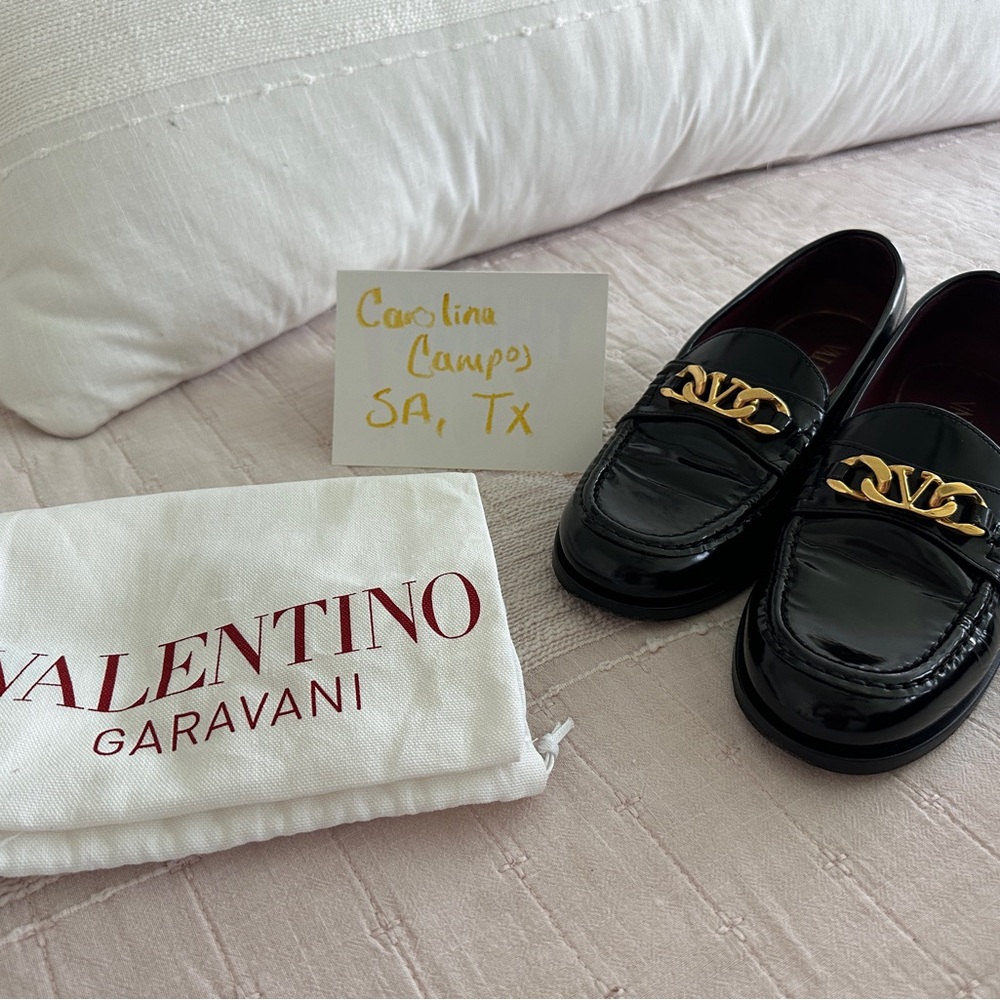 Valentino Garavani Glossy Black Loafers with Gold Detail